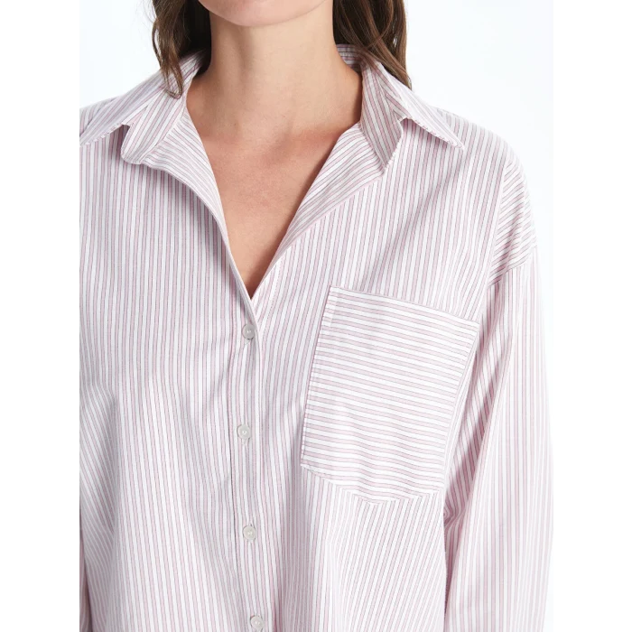 LCW Vision PEMBE Çizgili Uzun Kollu Oversize Kadın Gömlek