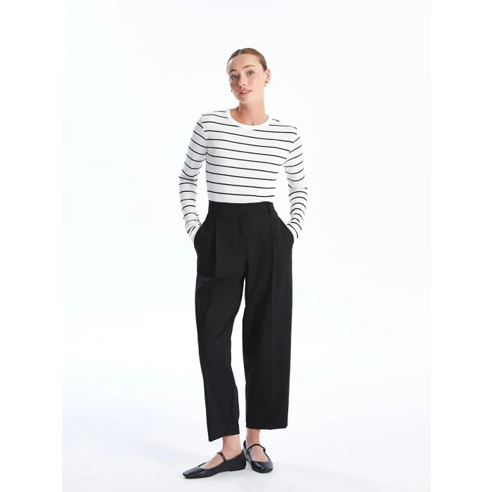 LCWAIKIKI Basic EKRU Bisiklet Yaka Çizgili Uzun Kollu Kadın Body