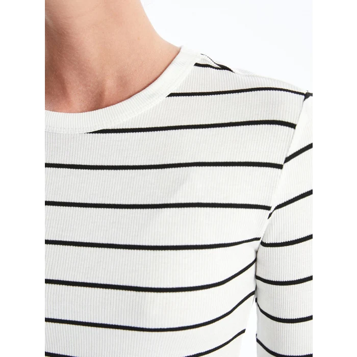 LCWAIKIKI Basic EKRU Bisiklet Yaka Çizgili Uzun Kollu Kadın Body