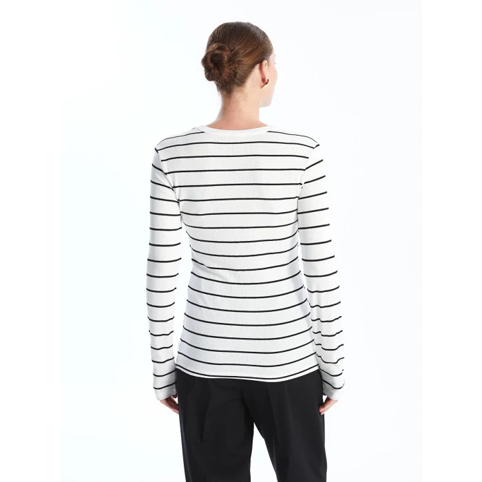 LCWAIKIKI Basic EKRU Bisiklet Yaka Çizgili Uzun Kollu Kadın Body