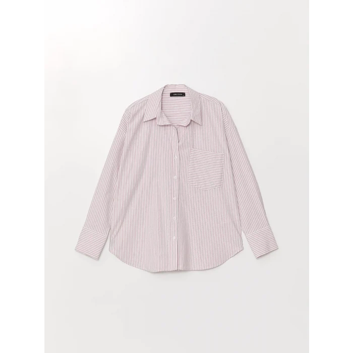 LCW Vision PEMBE Çizgili Uzun Kollu Oversize Kadın Gömlek