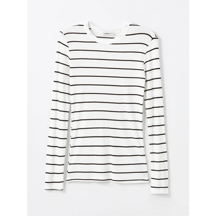 LCWAIKIKI Basic EKRU Bisiklet Yaka Çizgili Uzun Kollu Kadın Body