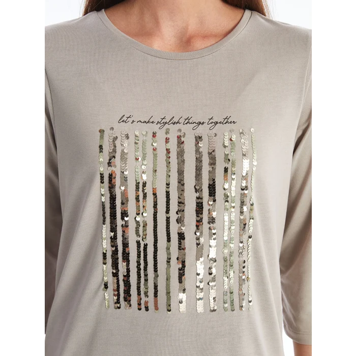 LCWAIKIKI Basic BEJ Bisiklet Yaka Pul Payetli Uzun Kollu Kadın Bluz