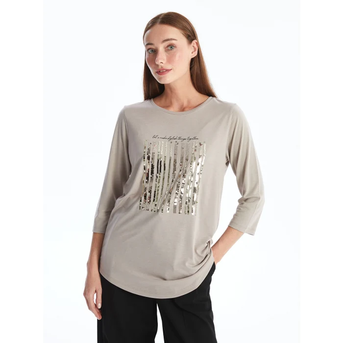 LCWAIKIKI Basic BEJ Bisiklet Yaka Pul Payetli Uzun Kollu Kadın Bluz