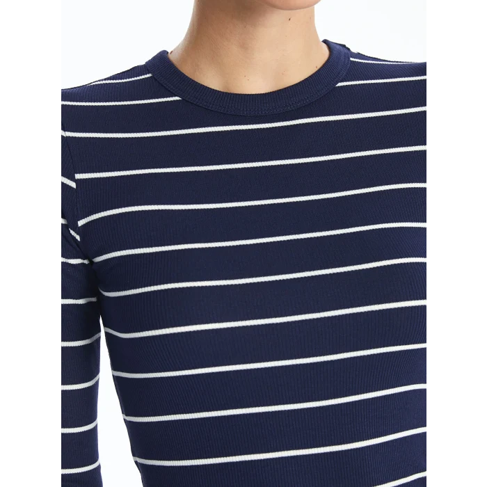 LCWAIKIKI Basic LACİVERT Bisiklet Yaka Çizgili Uzun Kollu Kadın Body