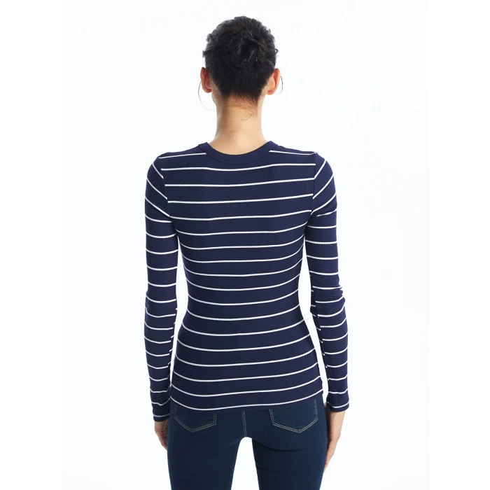 LCWAIKIKI Basic LACİVERT Bisiklet Yaka Çizgili Uzun Kollu Kadın Body