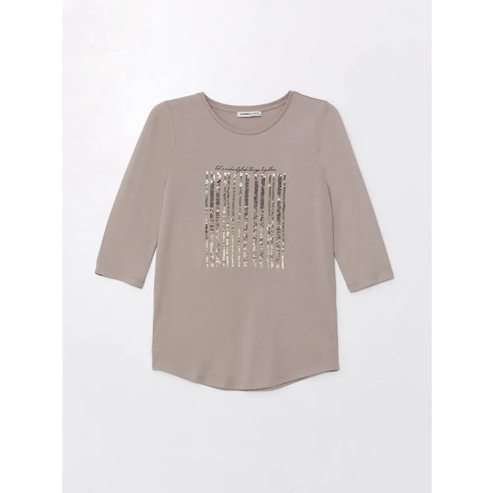 LCWAIKIKI Basic BEJ Bisiklet Yaka Pul Payetli Uzun Kollu Kadın Bluz