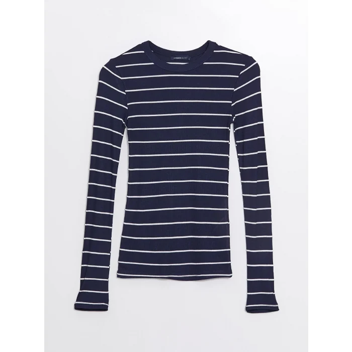 LCWAIKIKI Basic LACİVERT Bisiklet Yaka Çizgili Uzun Kollu Kadın Body