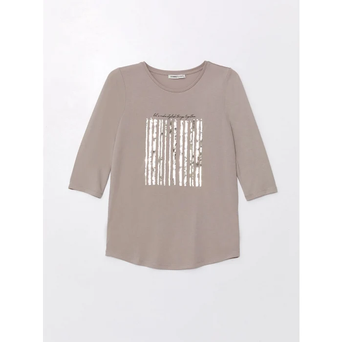 LCWAIKIKI Basic BEJ Bisiklet Yaka Pul Payetli Uzun Kollu Kadın Bluz