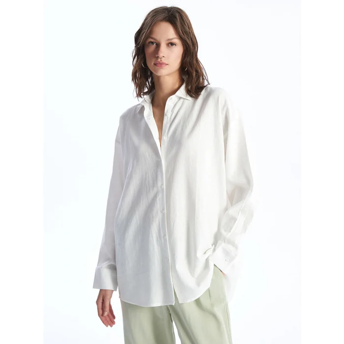 XSIDE BEYAZ Düz Uzun Kollu Keten Karışımlı Kadın Gömlek