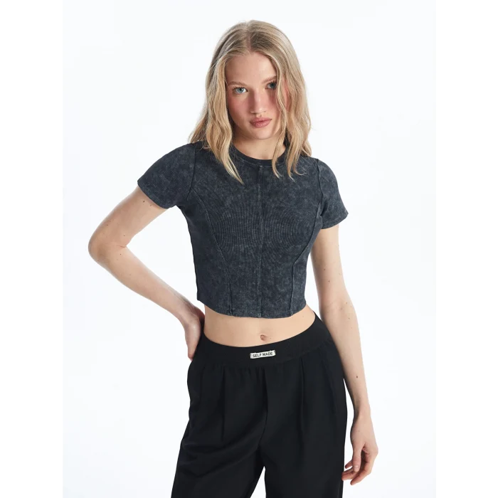 XSIDE ANTRASİT Bisiklet Yaka Düz Kısa Kollu Kadın Crop