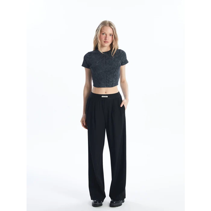 XSIDE ANTRASİT Bisiklet Yaka Düz Kısa Kollu Kadın Crop