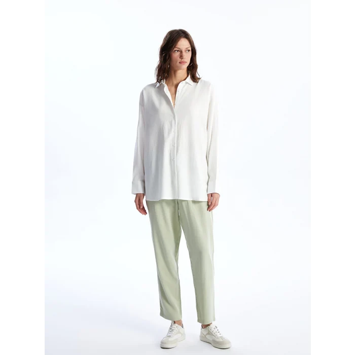 XSIDE BEYAZ Düz Uzun Kollu Keten Karışımlı Kadın Gömlek