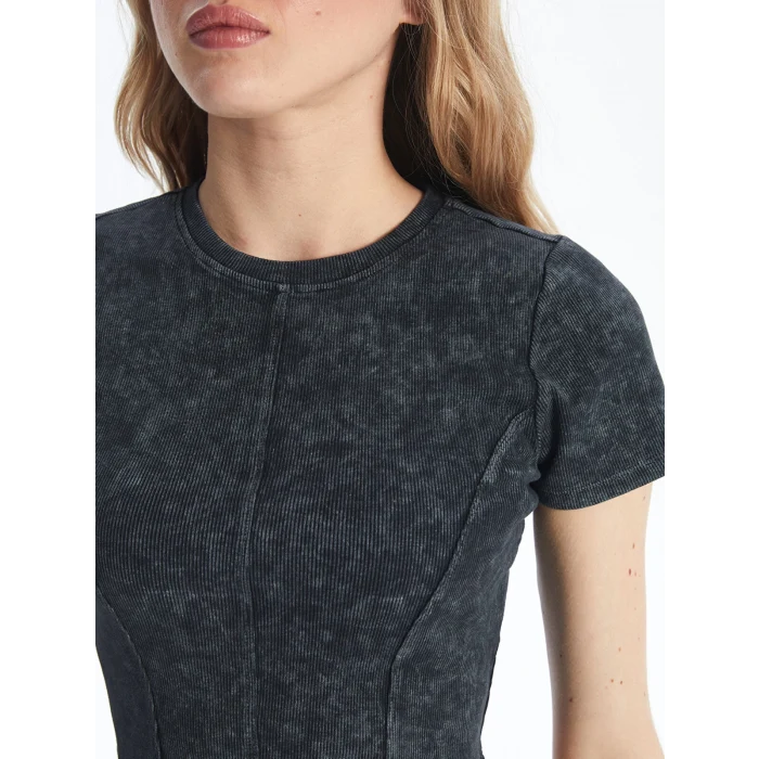 XSIDE ANTRASİT Bisiklet Yaka Düz Kısa Kollu Kadın Crop