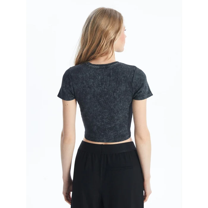 XSIDE ANTRASİT Bisiklet Yaka Düz Kısa Kollu Kadın Crop