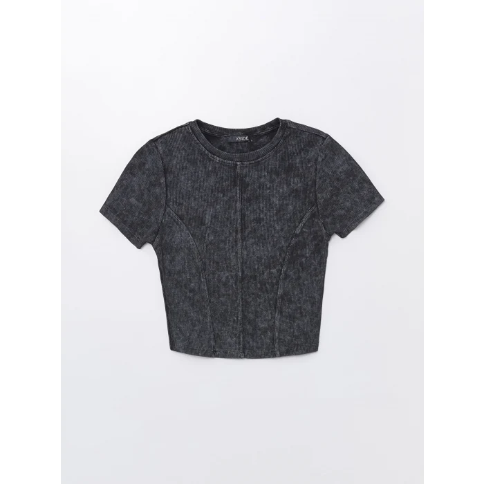 XSIDE ANTRASİT Bisiklet Yaka Düz Kısa Kollu Kadın Crop