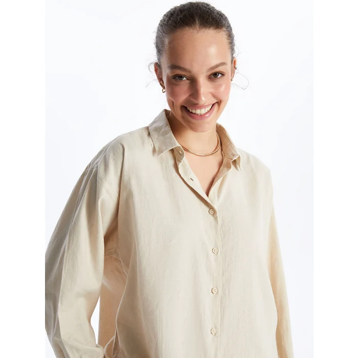 XSIDE BEJ Düz Uzun Kollu Keten Karışımlı Kadın Gömlek