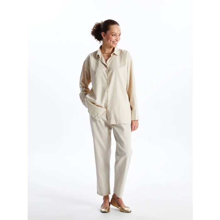 XSIDE BEJ Düz Uzun Kollu Keten Karışımlı Kadın Gömlek