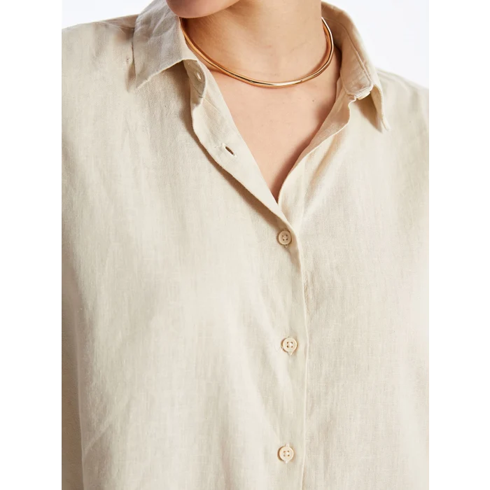 XSIDE BEJ Düz Uzun Kollu Keten Karışımlı Kadın Gömlek