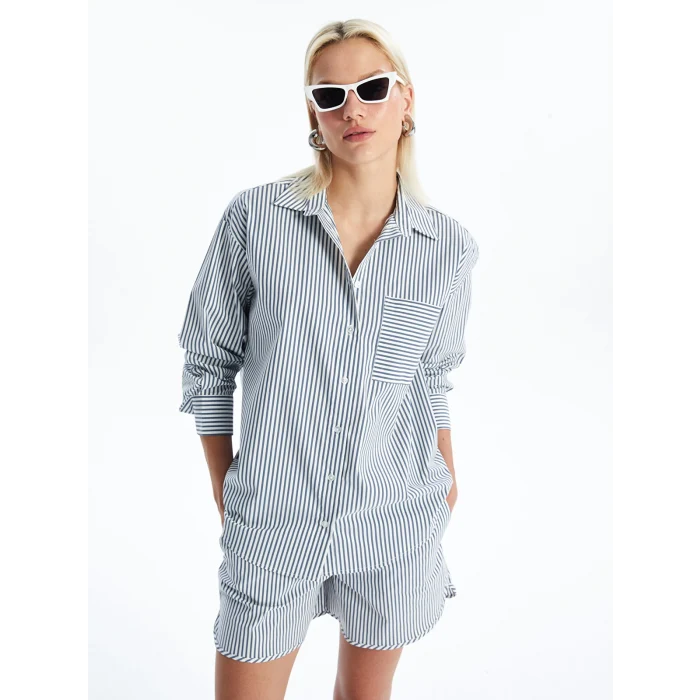 LCW Vision MAVİ Çizgili Uzun Kollu Oversize Kadın Gömlek