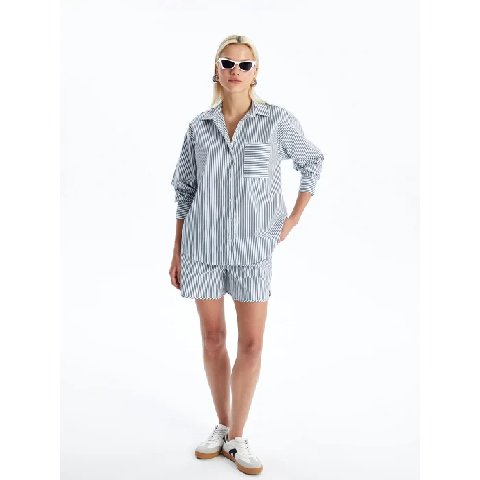 LCW Vision MAVİ Çizgili Uzun Kollu Oversize Kadın Gömlek