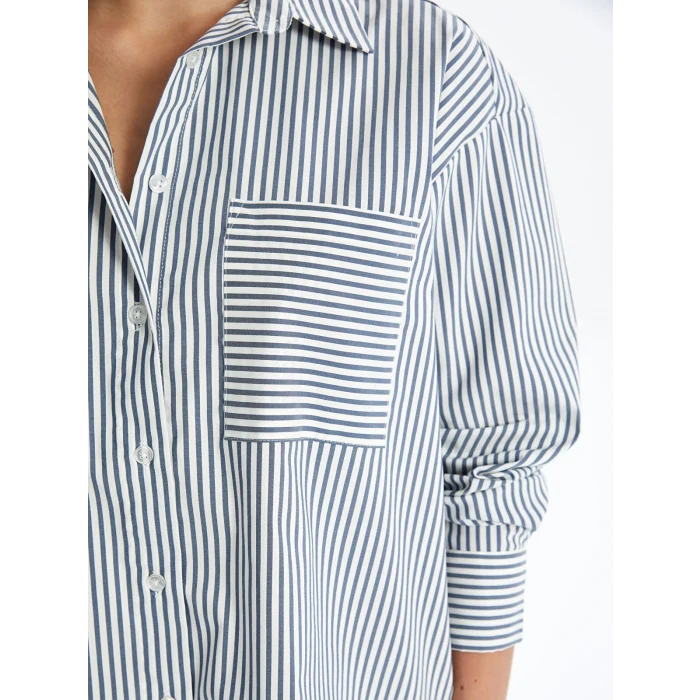 LCW Vision MAVİ Çizgili Uzun Kollu Oversize Kadın Gömlek