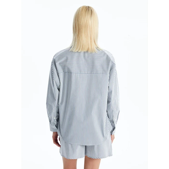 LCW Vision MAVİ Çizgili Uzun Kollu Oversize Kadın Gömlek