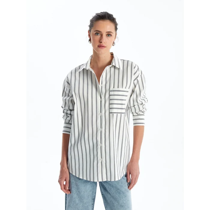 LCW Vision EKRU Çizgili Uzun Kollu Oversize Kadın Gömlek