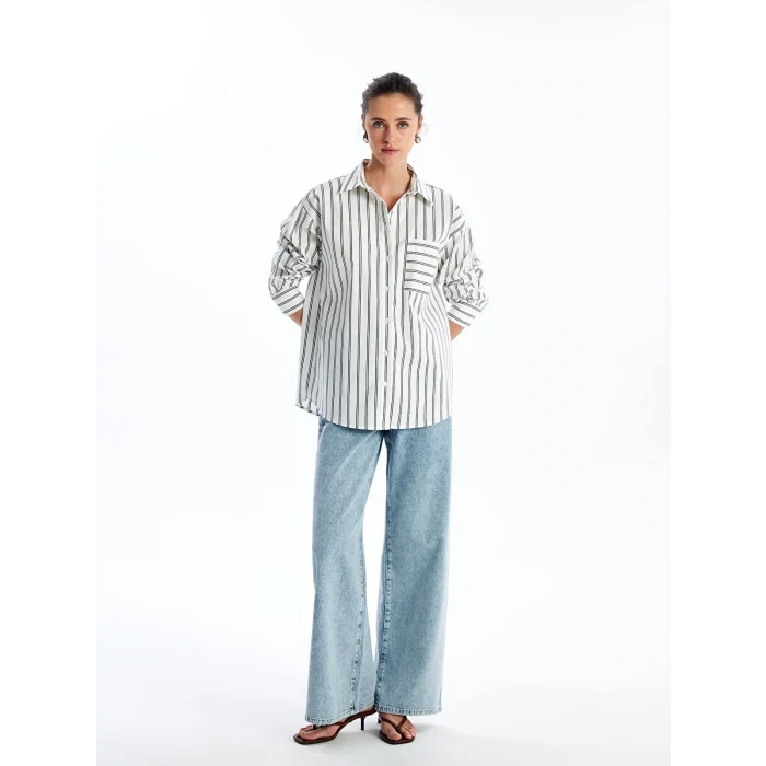LCW Vision EKRU Çizgili Uzun Kollu Oversize Kadın Gömlek