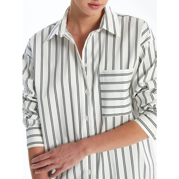 LCW Vision EKRU Çizgili Uzun Kollu Oversize Kadın Gömlek