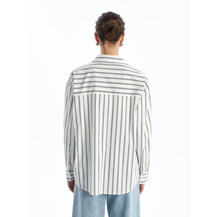 LCW Vision EKRU Çizgili Uzun Kollu Oversize Kadın Gömlek