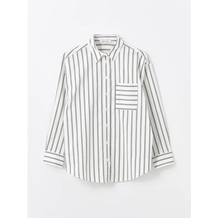 LCW Vision EKRU Çizgili Uzun Kollu Oversize Kadın Gömlek