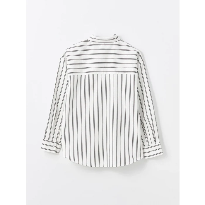 LCW Vision EKRU Çizgili Uzun Kollu Oversize Kadın Gömlek