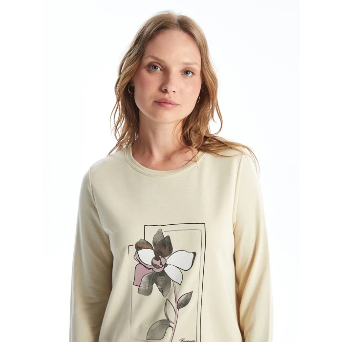 LCWAIKIKI Basic BEJ Bisiklet Yaka Baskılı Kadın Sweatshirt Tunik