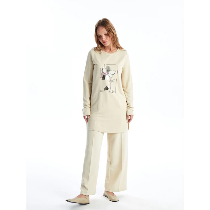 LCWAIKIKI Basic BEJ Bisiklet Yaka Baskılı Kadın Sweatshirt Tunik