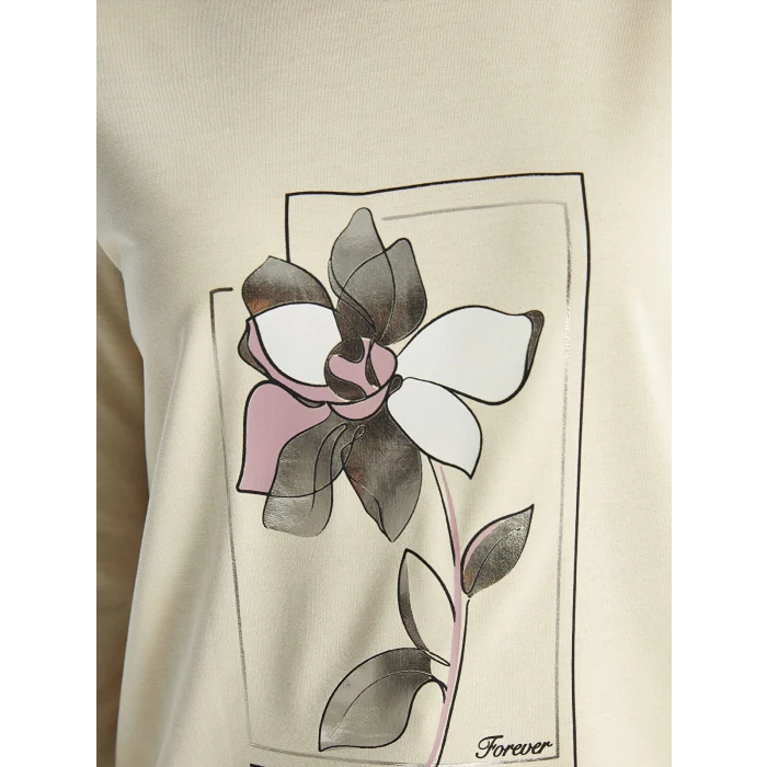 LCWAIKIKI Basic BEJ Bisiklet Yaka Baskılı Kadın Sweatshirt Tunik