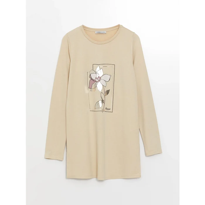 LCWAIKIKI Basic BEJ Bisiklet Yaka Baskılı Kadın Sweatshirt Tunik