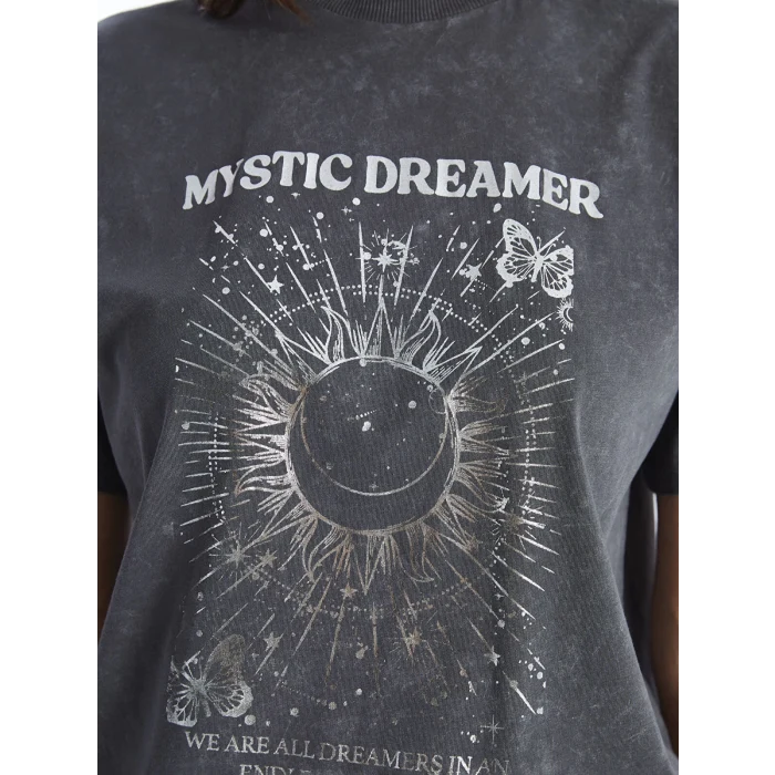 LC WAIKIKI ANTRASİT Bisiklet Yaka Baskılı Kısa Kollu Kadın Tişört