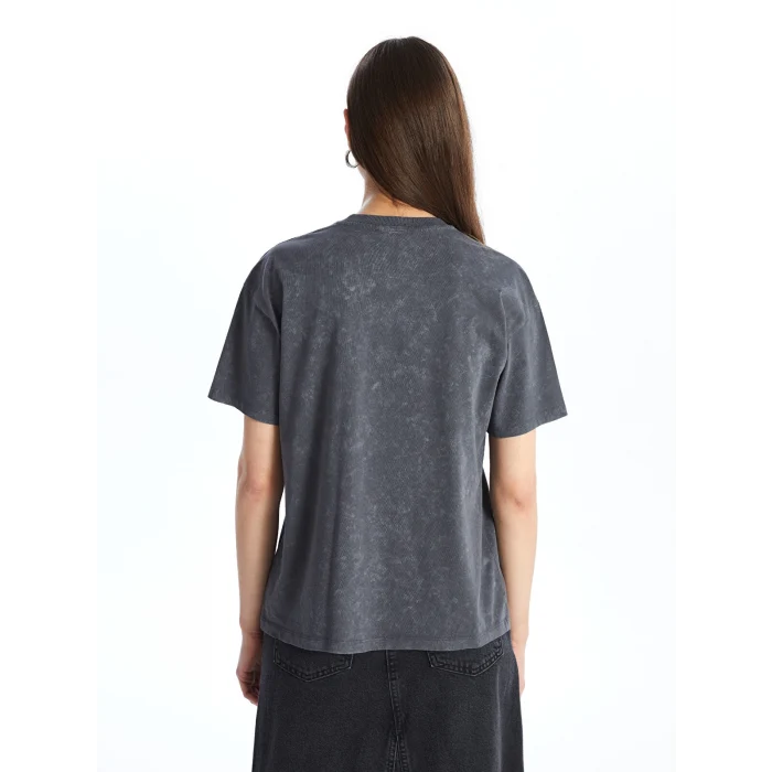 LC WAIKIKI ANTRASİT Bisiklet Yaka Baskılı Kısa Kollu Kadın Tişört