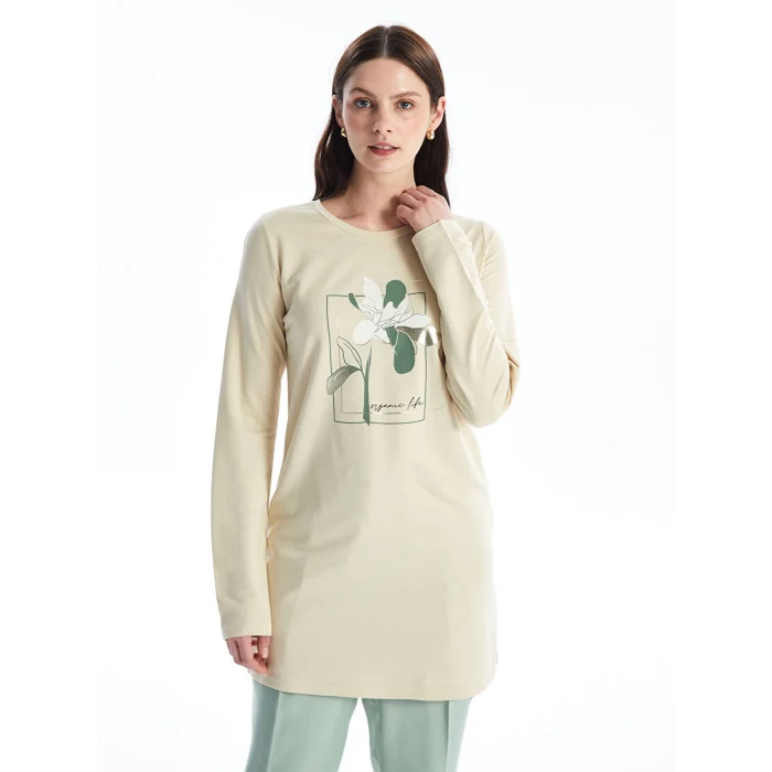 LCWAIKIKI Basic BEJ Bisiklet Yaka Baskılı Kadın Tunik