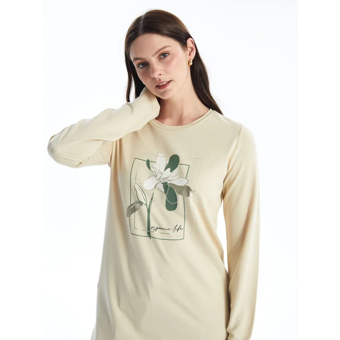 LCWAIKIKI Basic BEJ Bisiklet Yaka Baskılı Kadın Tunik