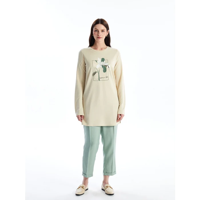 LCWAIKIKI Basic BEJ Bisiklet Yaka Baskılı Kadın Tunik