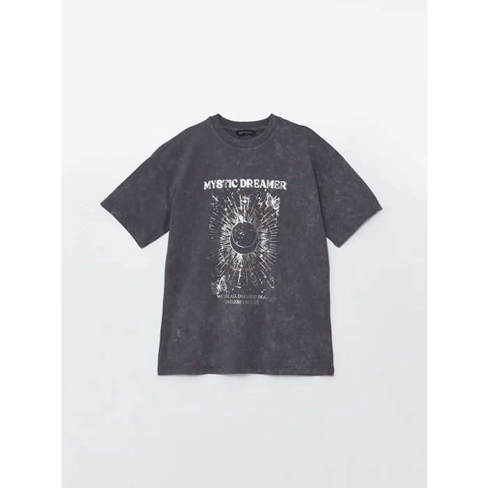 LC WAIKIKI ANTRASİT Bisiklet Yaka Baskılı Kısa Kollu Kadın Tişört