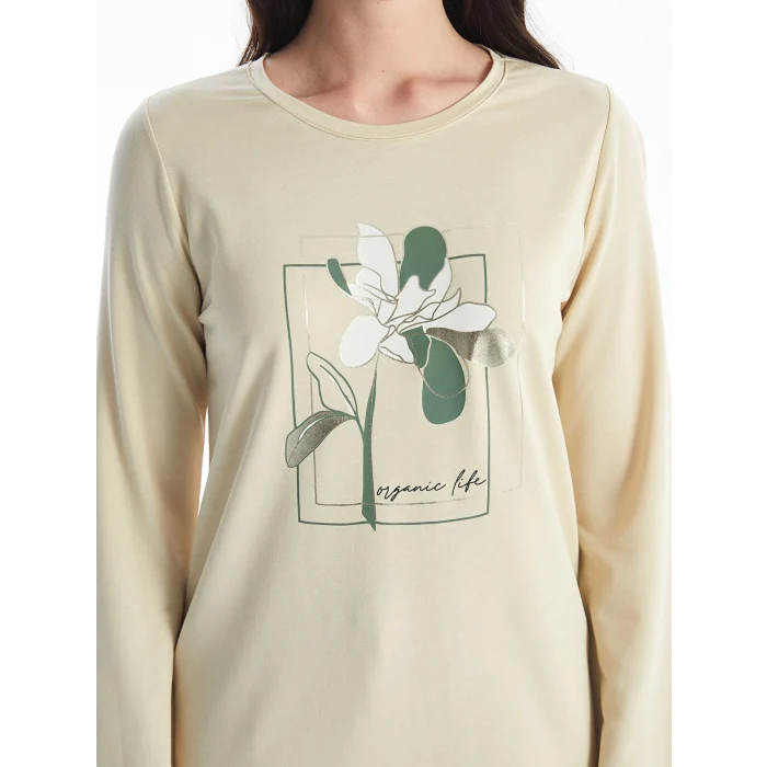 LCWAIKIKI Basic BEJ Bisiklet Yaka Baskılı Kadın Tunik