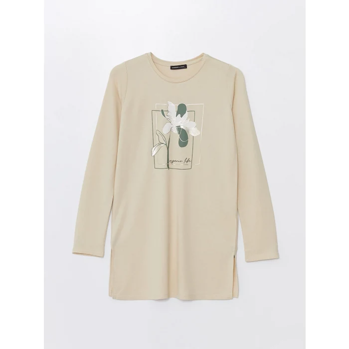 LCWAIKIKI Basic BEJ Bisiklet Yaka Baskılı Kadın Tunik