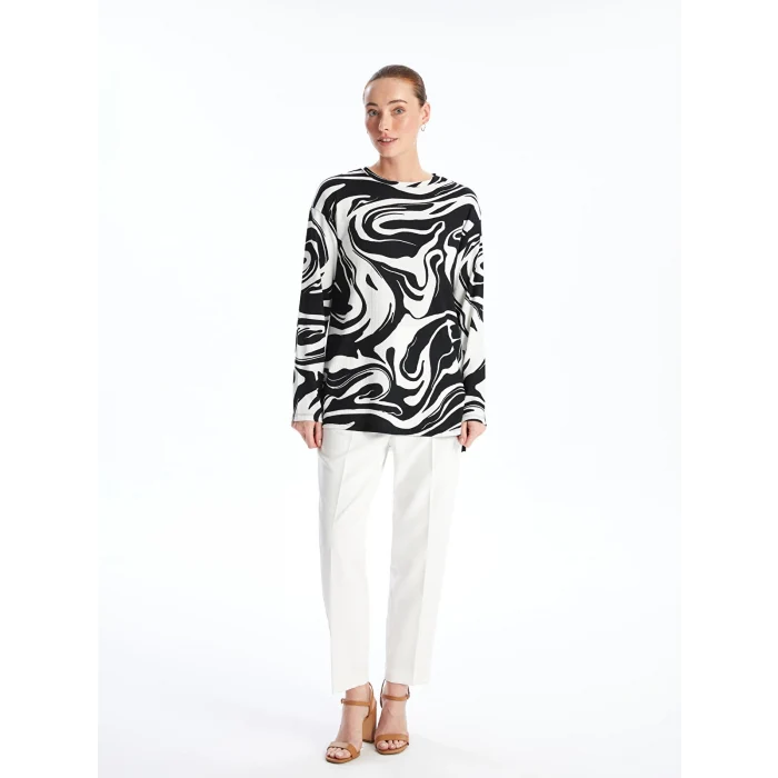 LCWAIKIKI Basic EKRU Bisiklet Yaka Desenli Kadın Sweatshirt Tunik