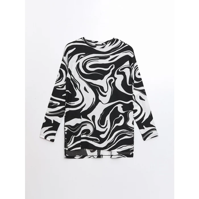 LCWAIKIKI Basic EKRU Bisiklet Yaka Desenli Kadın Sweatshirt Tunik