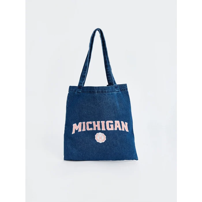 LCW ACCESSORIES MAVİ Yazı Baskılı Denim Kadın Kol Çantası