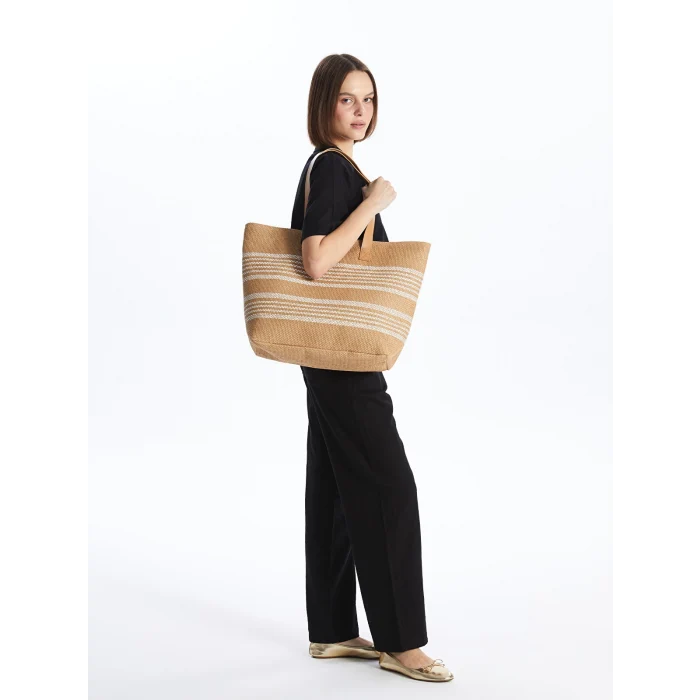 LCW ACCESSORIES BEJ Çizgili Hasır Kadın Kol Çantası
