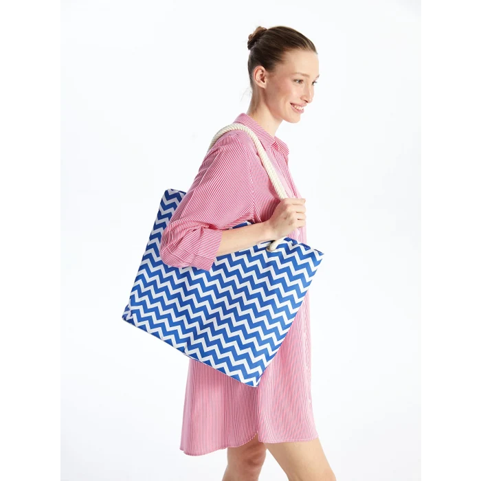 LCW ACCESSORIES MAVİ Çizgi Desenli Kadın Plaj Çantası